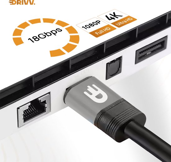 Drivv. Premium-HDMI-Kabel 2.0 – Ultra HD 4K 60 Hz – HDMI auf HDMI – Geeignet für Spielkonsolen – 10 Meter – PVC – Grau