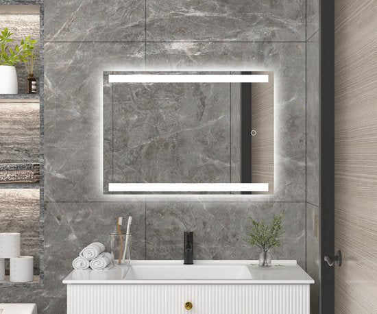 Mirlux Badezimmerspiegel mit LED-Beleuchtung & Heizung - Wandspiegel rechteckig- Anti-Kondensations-Duschspiegel - 90x65CM