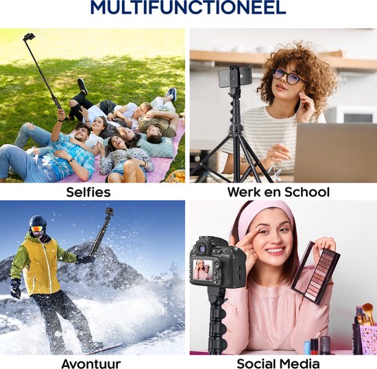 Studio ME Telefonstativ - 170 cm - Stativ Smartphone - Schwarz - Kamerastativ - Telefonhalterung - Inkl. Bluetooth-Fernbedienung - Stativ Iphone - Stativ Telefon