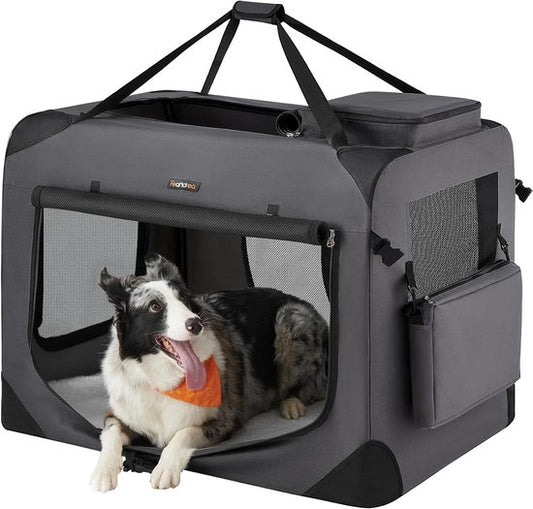Feandrea Faltbare Reisetasche für Haustiere PDC90G01 – Große weiche Transportbox für Hunde und Katzen, 91 × 63 × 63 cm – Grau – Atmungsaktiv mit Netzfenstern und Staufächern