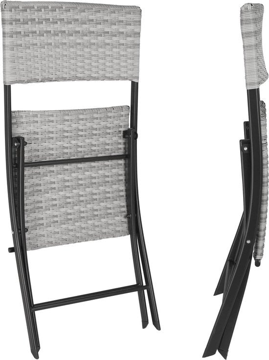 tectake - Balkon- oder Garten-Bistro-Garnitur aus Geflecht, Sitzgruppe mit 2 Stühlen und 1 kleinen Esstisch, platzsparend zusammenklappbar, Gartenmöbel, Balkonmöbel kleiner Balkon - hellgrau