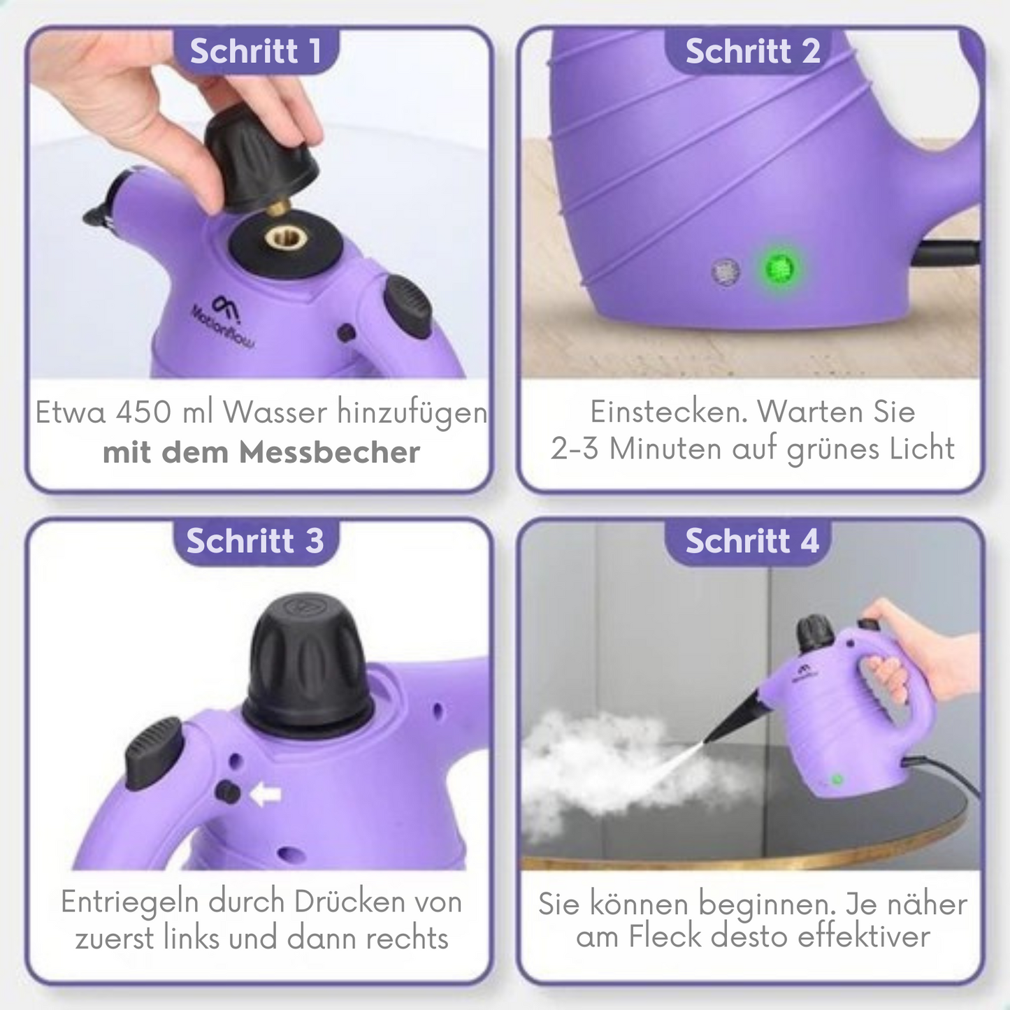 Motionflow - Dampfreiniger Pro - 1150 Watt - 12-in-1 - 450ML - 12-teiliges Zubehörset - Lila