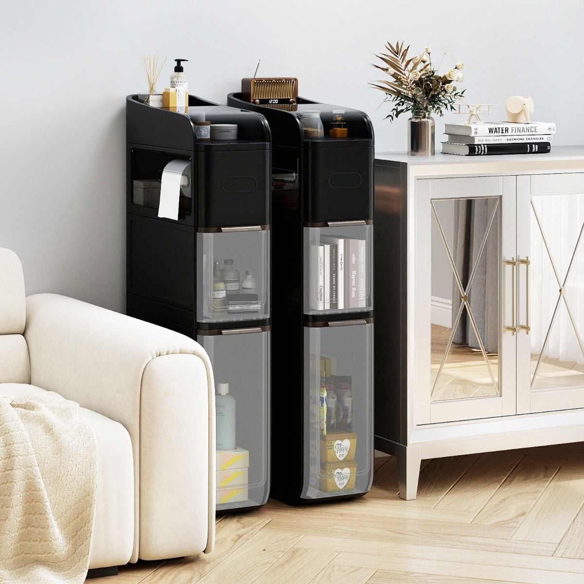 Coast Schmaler Badezimmerschrank mit 2 Schubladen und Papiertuchspender – Schwarz – 43 x 18 x 88 cm