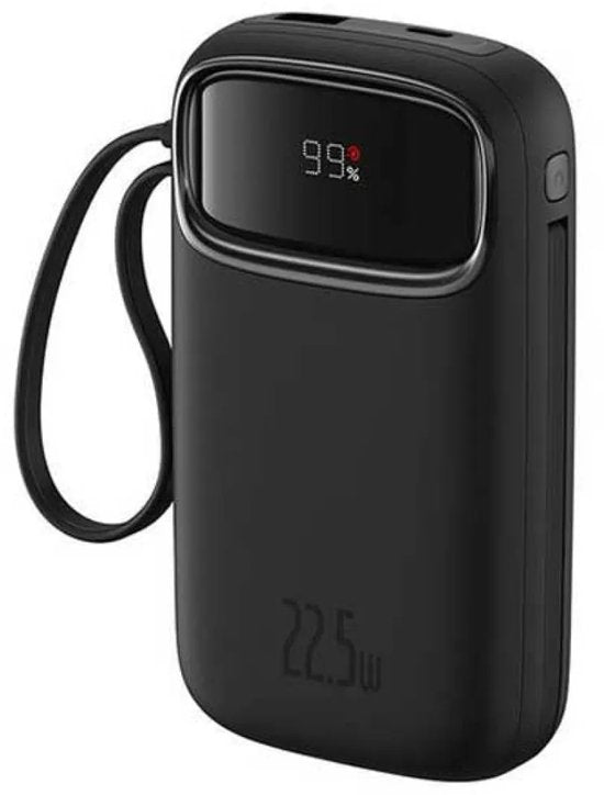Baseus 10.000-mAh-Powerbank | Schnellladung mit 20 W über USB-C und USB-A | Reiseformat mit Display, schwarz | Universelle Powerbank, u. a. geeignet für Samsung und iPhone | Integriertes USB-C- und Lightning-Kabel