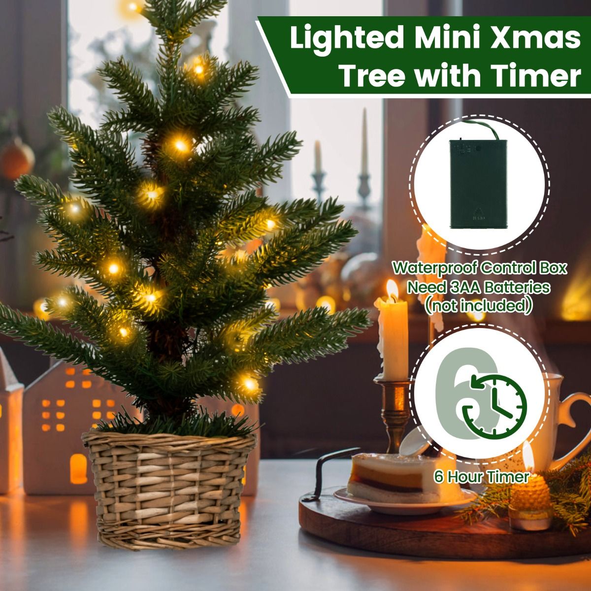 Coast Illuminated Künstlicher Mini-Weihnachtsbaum im Topf - 48 cm hoch - Grün/Natur - 96 Zweigspitzen - 20 warmweiße LED-Lichter - Timer - Weidentopf