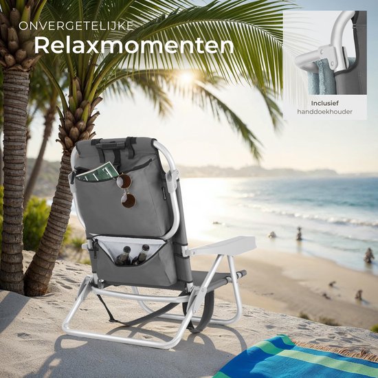 tectake® Beach Chair Coral - faltbarer Campingstuhl mit Kühltasche und Aufbewahrungstasche - 5-fach verstellbare Rückenlehne mit Kopfkissen - breite Armlehnen mit Becherhalter / Telefonhalter - faltbarer Campingstuhl - Grau