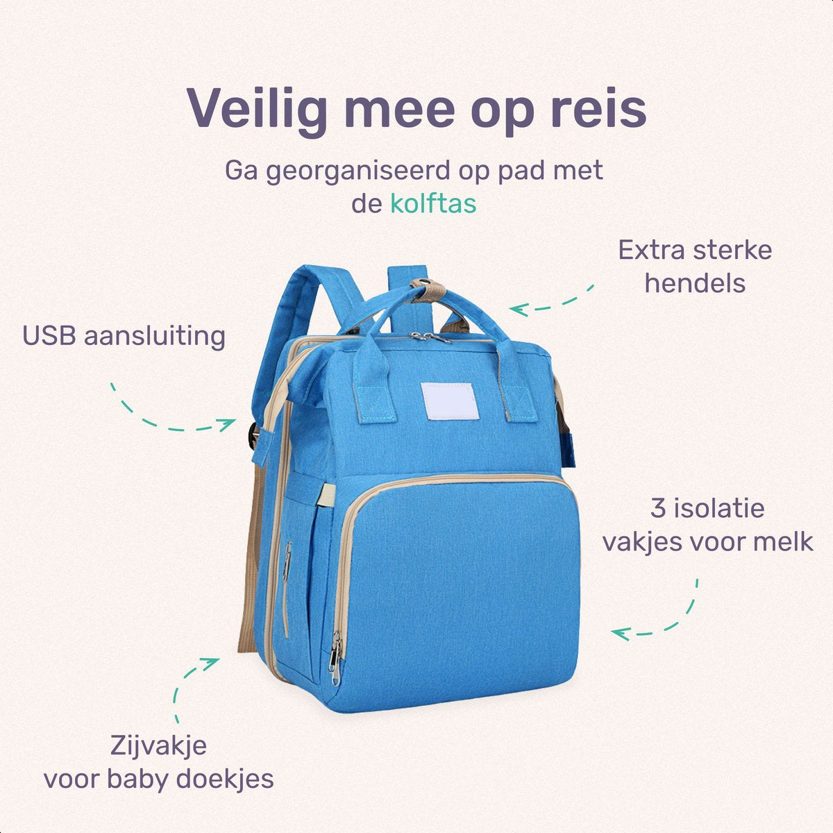 Qwali Wickeltasche, ausziehbar zum Bettchen – 7 Flaschenhalter – Blau-Grau