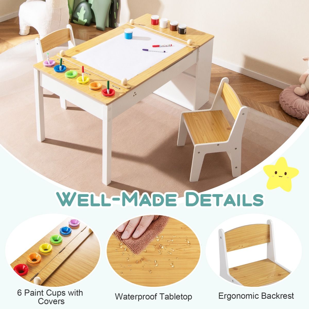 Coast Kinder-Mal- und Zeichenpult-Set – 2-in-1-Multifunktionsdesign – mit 2 Stühlen – weiß und naturfarben