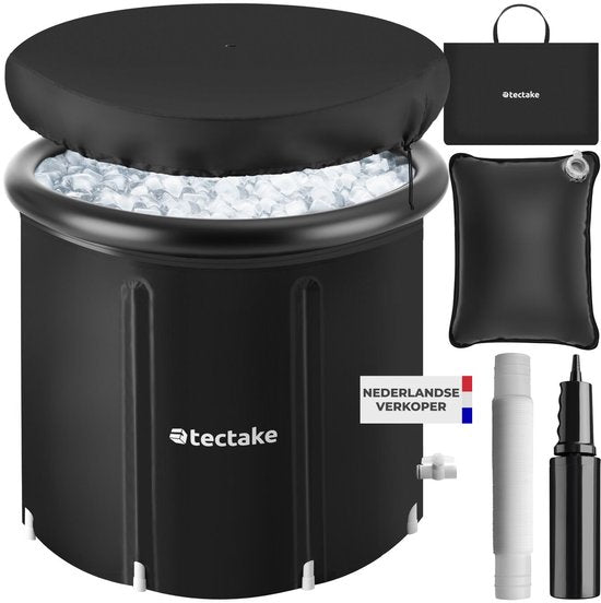 tectake® Eisbad Helsinki – Ice Bath – Sitzbad – Ø 75 x 75 cm – 320 Liter – Zusammenklappbarer Eistonnen mit Aluminiumrahmen und Abdeckung – 3-fach isoliert – Tauchbad inklusive Tragetasche, Wasserkissen und Pumpe