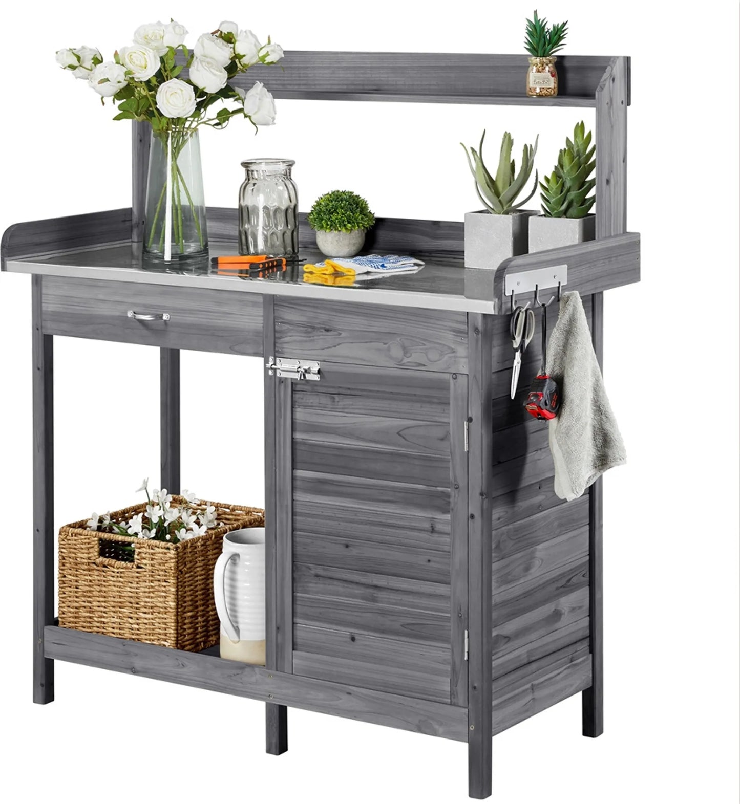 Yaheetech Blumentisch Gartentisch - 101 x 46,5 x 125 cm - Ausgestattet mit verzinkter Metallarbeitsplatte und 3 Seitenhaken und abnehmbaren Seitenwänden - Für Garten und Balkon - Graue Fichte und Metall