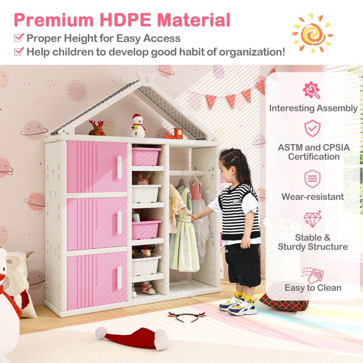 Coast House-förmiges Kinder-Bücherregal mit Garderobe - Kinderzimmer-Spielzeugschrank mit Seitenkörben, 4 Aufbewahrungsboxen und verstellbaren Einlegeböden - Rosa/Weiß - 130×34×156,5 cm