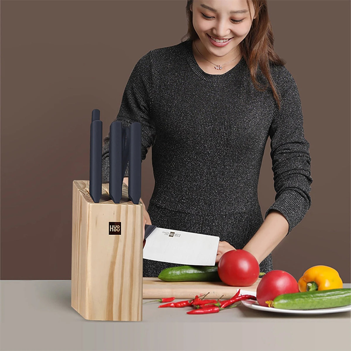 HuoHou Küchenmesserset mit Holzblock – 6-teilig – Edelstahl