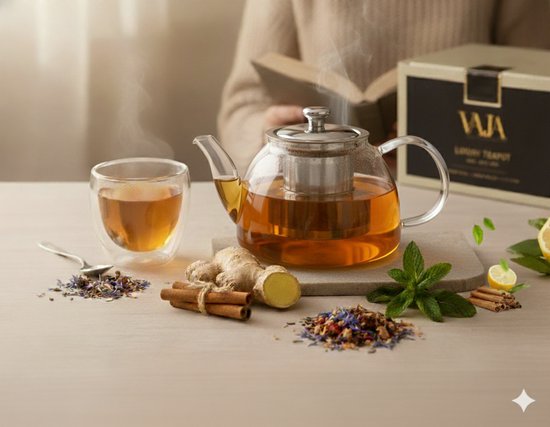 Vaja® Glas-Teekanne Fay mit Edelstahlfilter - 1 Liter - Tee-Ei - Für losen Tee / Teeblüten - Weihnachtsgeschenk - Borosilikatglas-Tropfschutz-Ausguss