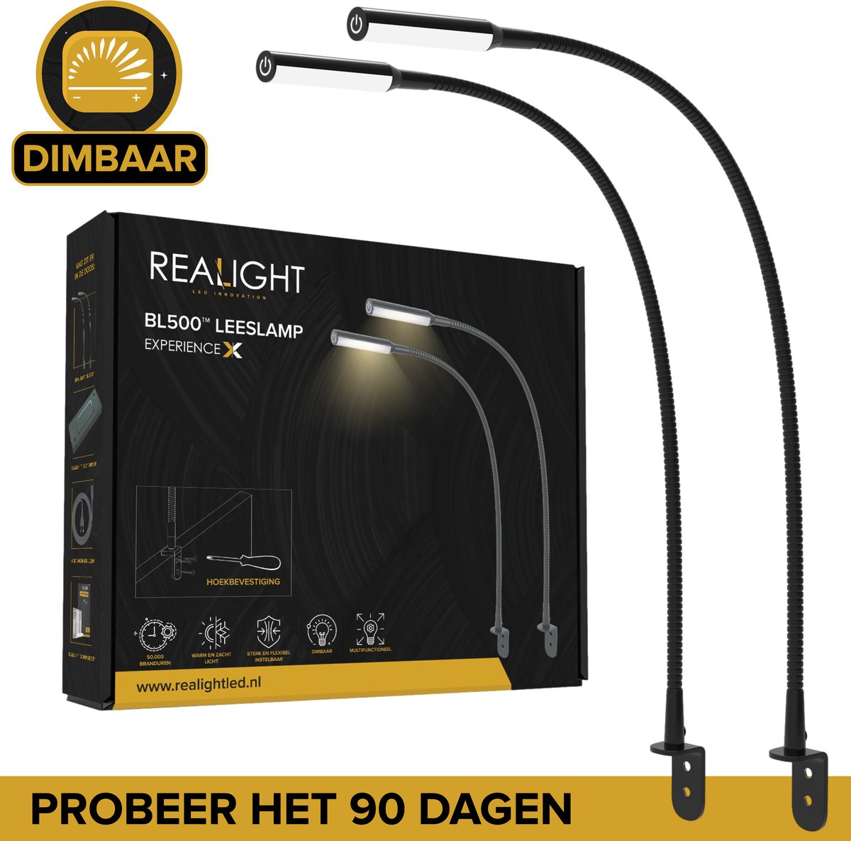 Realight BL300 Bettleuchte - LED-Nachtlicht mit Dimmfunktion - Leselicht für Bett & Kopfteil - Touch-Lampe - warmweißes Licht - 2 Stück - 58 cm - Schwarz