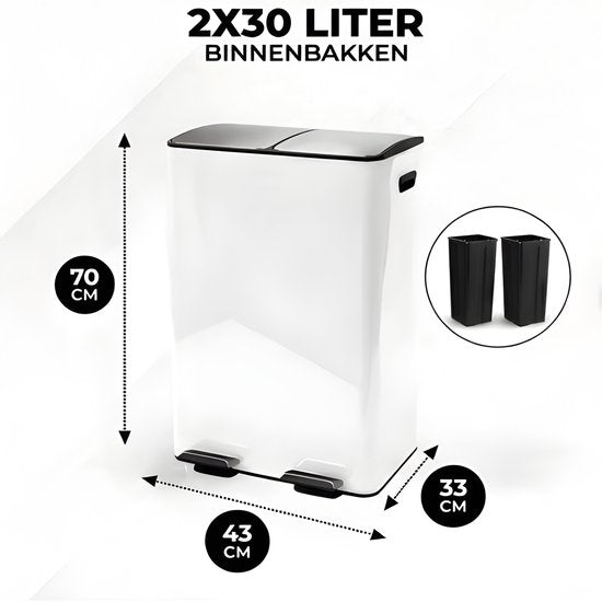 Bayt Mülleimer - Mülleimer 60 Liter (2x30) - Mülleimer 60 Liter - Treteimer 60 Liter - Mülleimer Mülltrennung - Mülleimer 2 Fächer - Mülleimer - Edelstahl - Weiß
