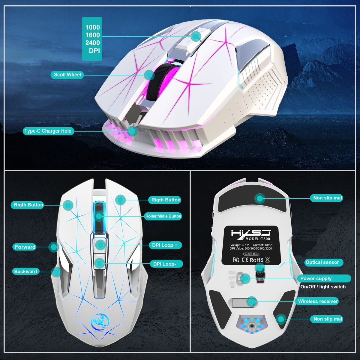 HXSJ T300 2.4G Wireless Gaming Mouse - Computermäuse - Ultraleicht - Kompakt für unterwegs - RGB-Beleuchtung - Weiß