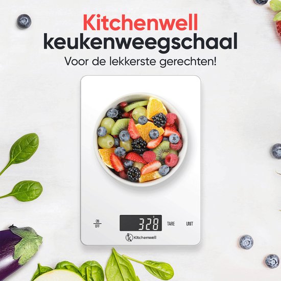 Kitchenwell Digitale Präzisionsküchenwaage - Küchenwaage - 1gr - 15kg - Tara-Funktion - USB wiederaufladbar - Weiß