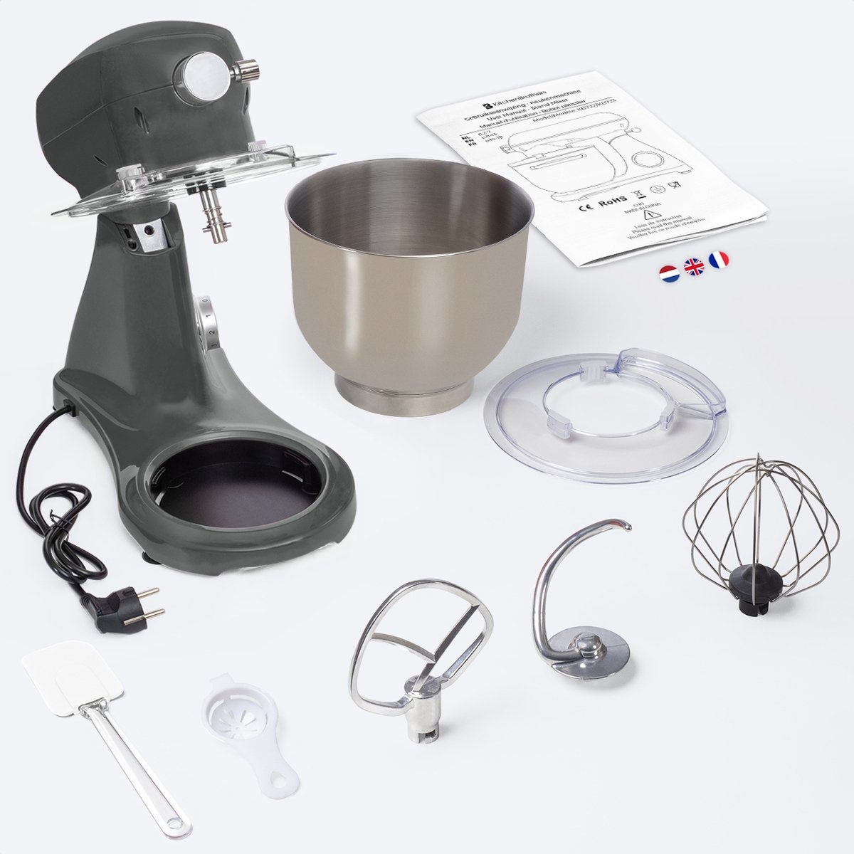 KitchenBrothers Küchenmaschine - Küchenroboter - 6L Rührschüssel - 1800W - Aluminium - Anthrazit