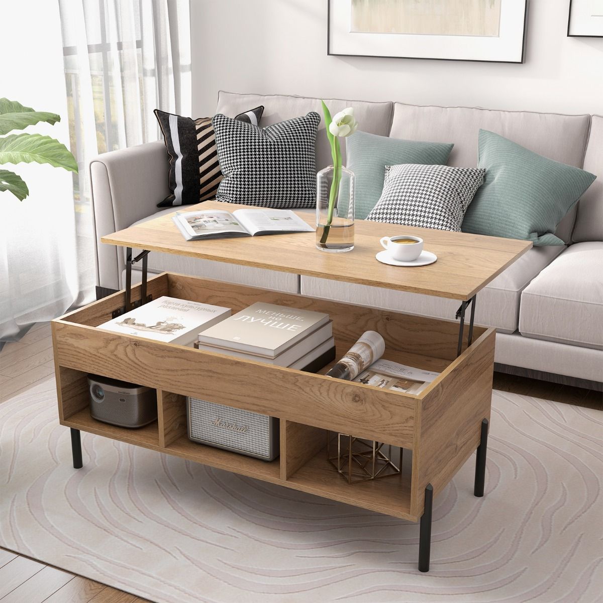 Coast Adjustable Couchtisch mit anhebbarer Tischplatte und 3 offenen Fächern - 104,5 x 49 x 62,5 cm - Naturfarbe