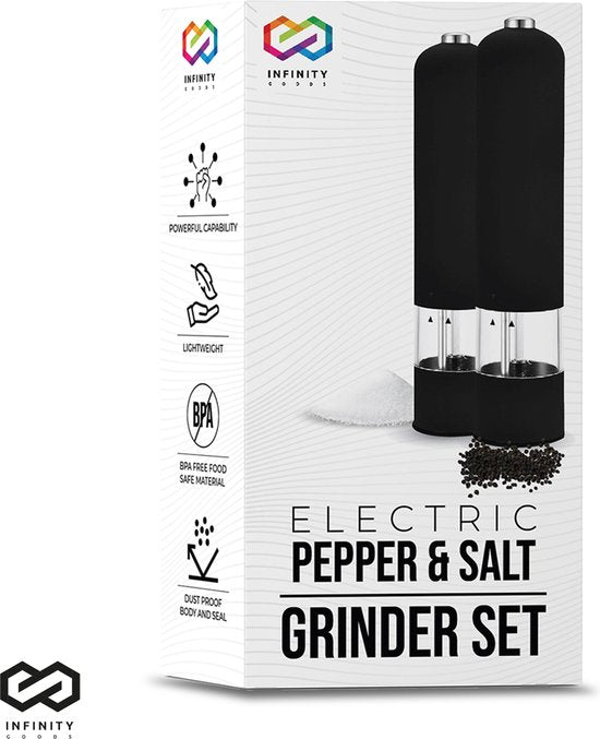 Infinity Goods Elektrisches Pfeffer- und Salzmühlen-Set - Pfeffermühle - Salzmühle - Einstellbares Mahlwerk - Gewürzmühle - Schwarz