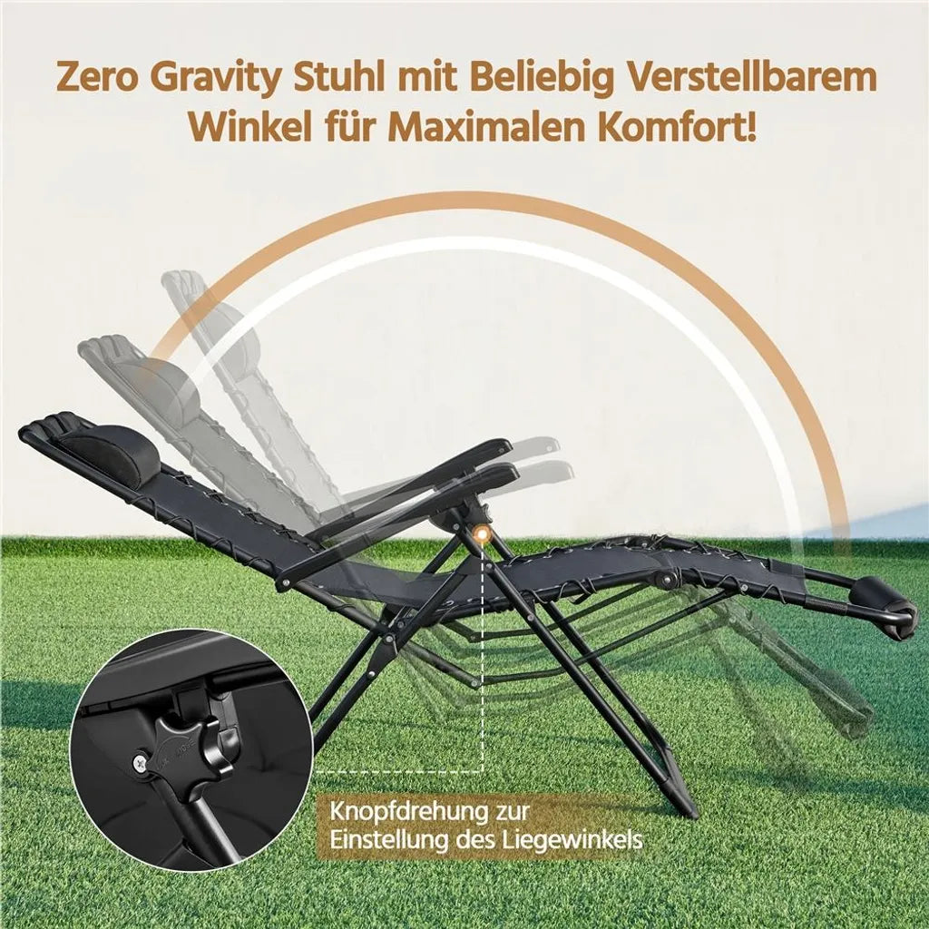 Yaheetech Zero Gravity Lounger 166,5 x 74,5 cm - Verstellbar - Faltbar - Kopfkissen - Becherhalter - Schwarz