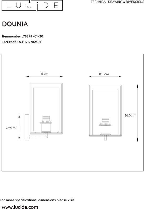 Lucide DOUNIA Wandleuchte – Ø 15 cm – E27 – Schwarz