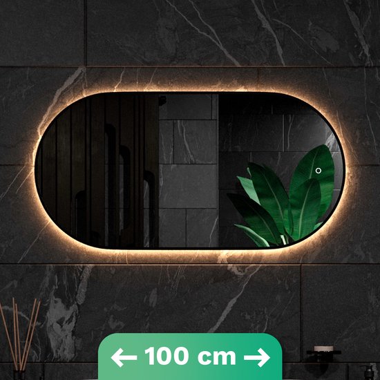 Mirlux Badezimmerspiegel mit LED-Beleuchtung & Heizung - Wandspiegel Oval - Schwarzer Rahmen - 100x50CM