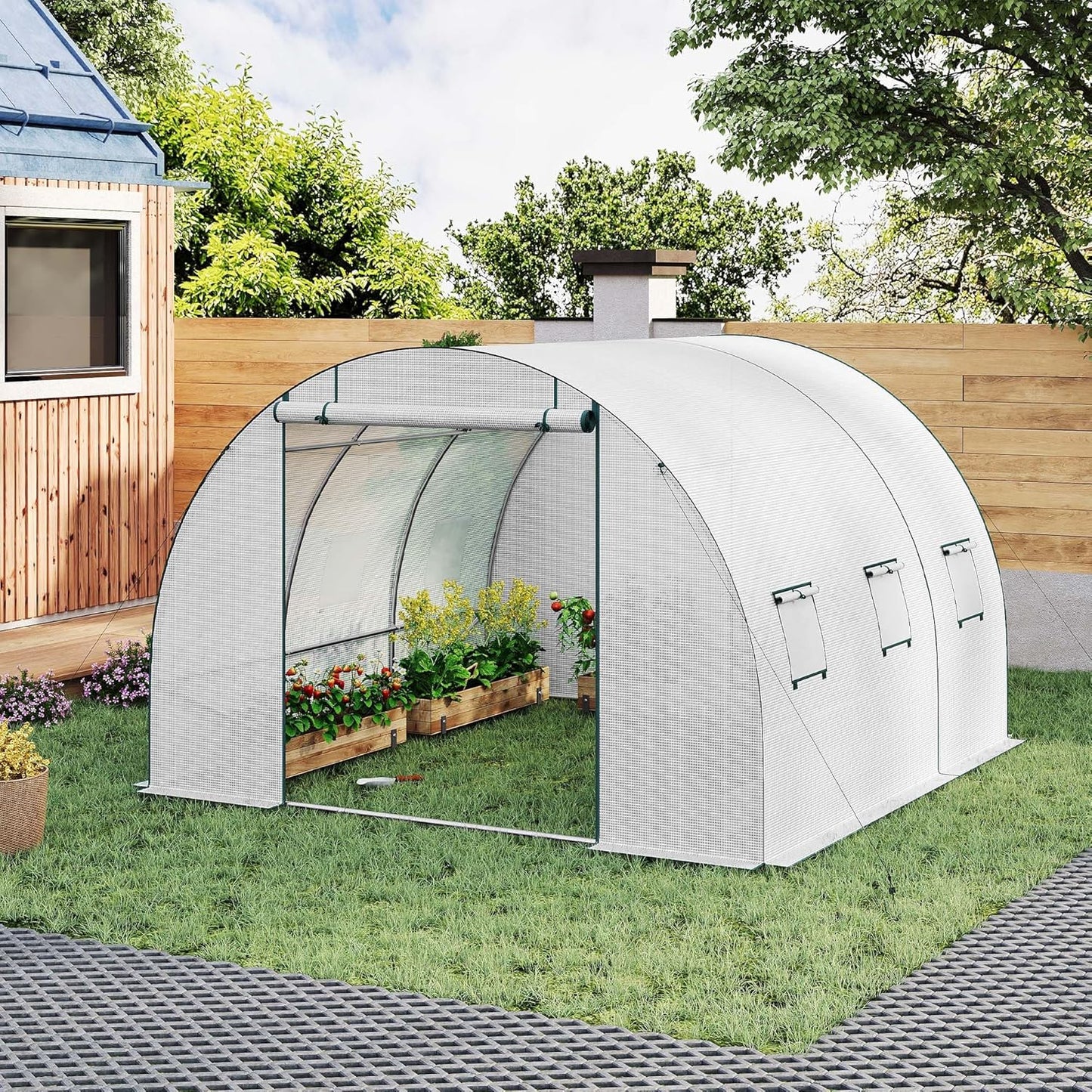WOLTU Gewächshaus-Folientunnel 300 x 300 x 200 cm – Tomatengewächshaus mit Tür und 6 Lüftungsfenstern – Weiß
