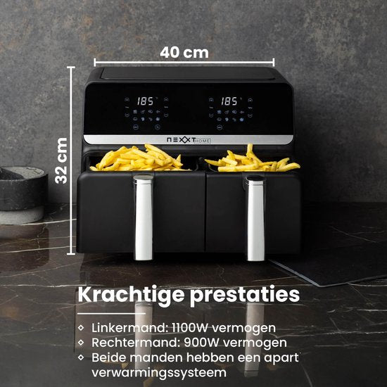 Nexxt Digital Double Airfryer XXL - Heißluftfritteuse mit Touchscreen - Fassungsvermögen 5,5 + 3,5 Liter - 8 Kochprogramme - Schwarz