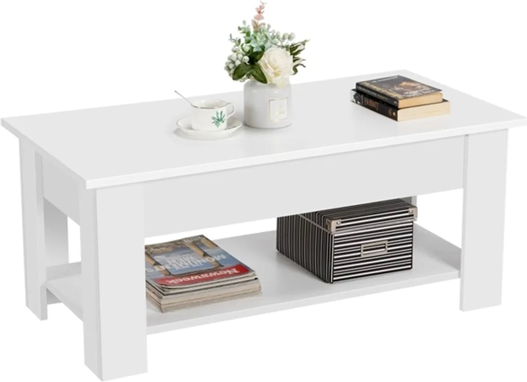 Yaheetech Couchtisch mit verstellbarer Tischplatte 98 x 50 x 41,8 cm – Weiß – Ausziehbarer Lift-up-Couchtisch mit Stauraum