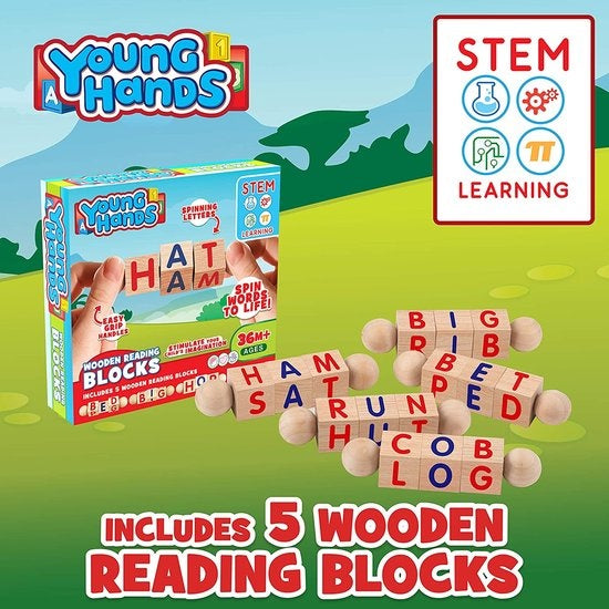 Creative Kids - Leseblöcke aus Holz - Set mit 5 drehbaren Alphabetblöcken - Griffige Griffe - Lernaktivitäten für Kindergarten & Vorschule - Buchstabenarbeit - Montessori-Holzspielzeug - Geschenke für Kinder & Kleinkinder