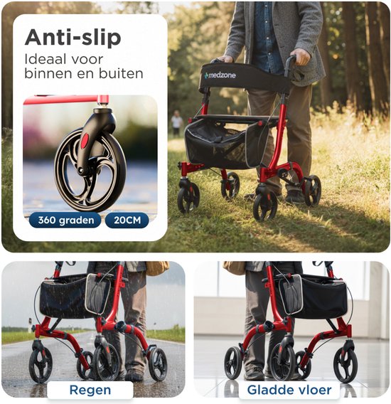 Medzone Rollator leicht und faltbar - Sitzfunktion - für drinnen und draußen - Rückenlehne und Gehstockhalterung - Champagner - Rot