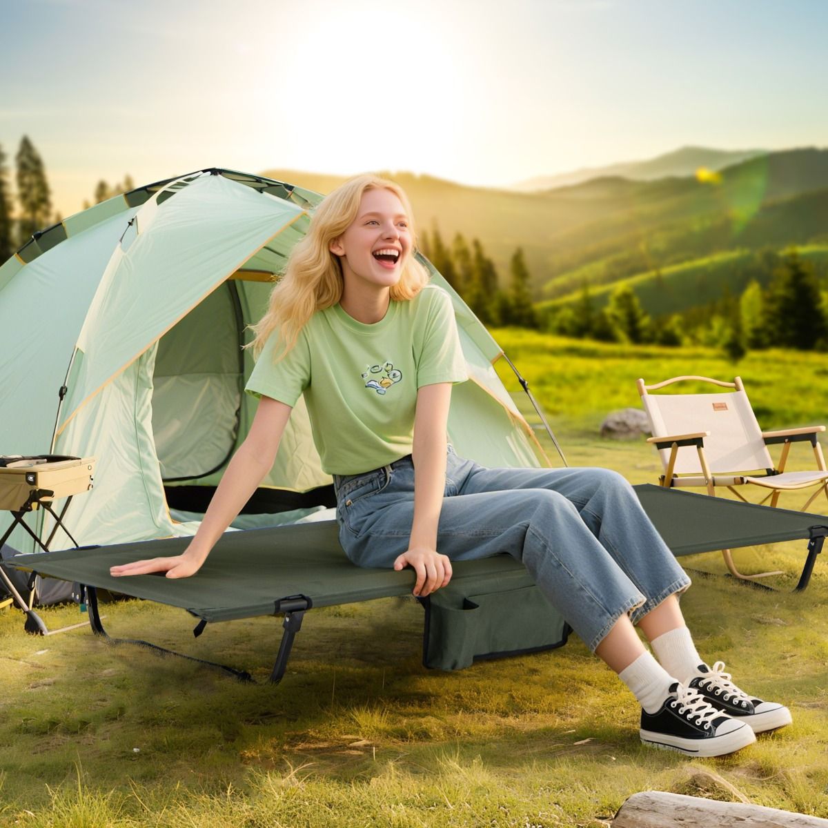 Coast Klappbares Campingbett – ultraleicht – mit Seitentasche und Kissenfach – grün