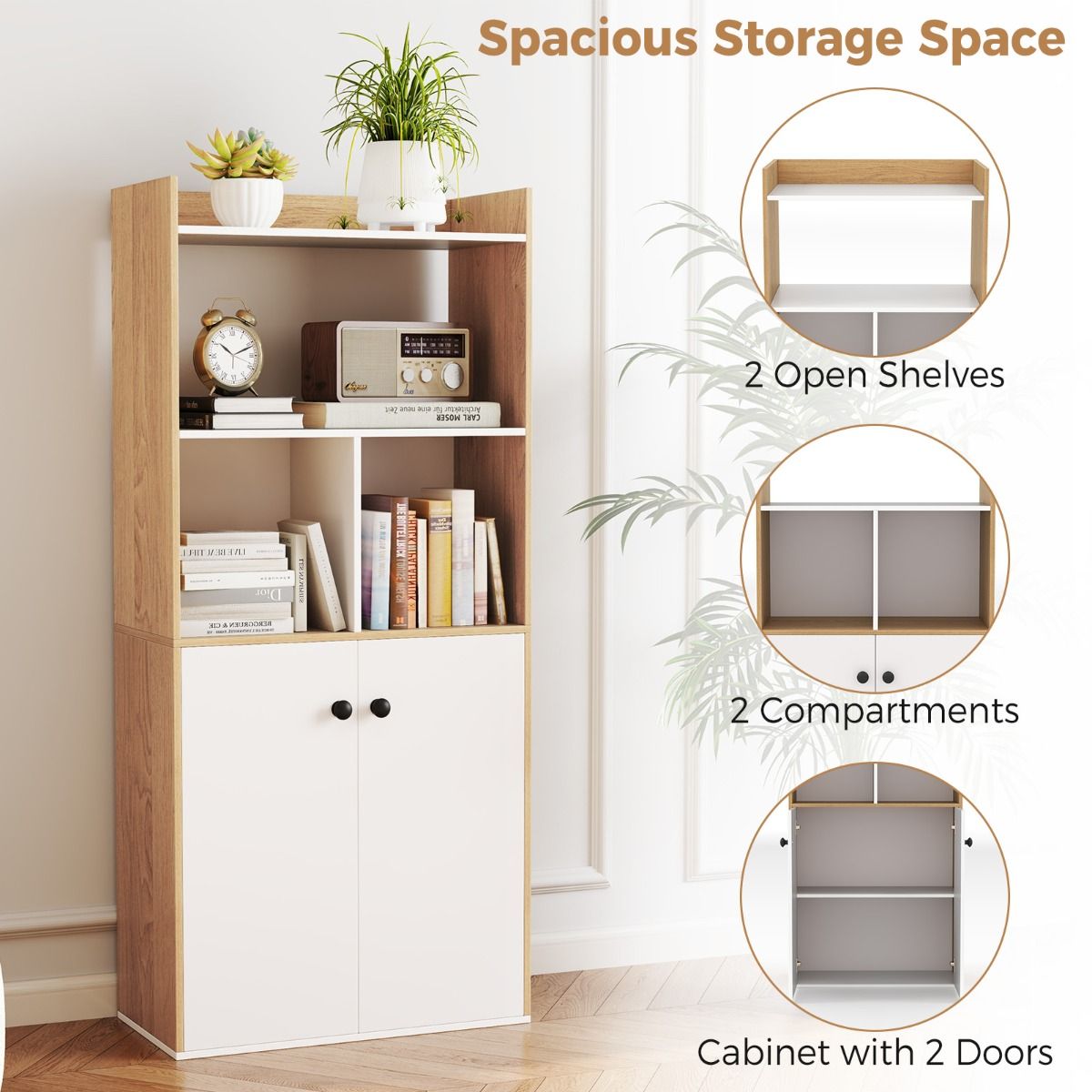 Coast Bücherregal mit Doppeltürschrank - Weiß & Natur - 3 Etagen hoher Regalboden - Freistehende Aufbewahrungsmöbel - 60 x 30 x 133 cm