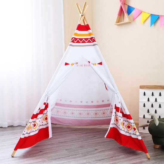 Sunny LED-Tipi-Zelt Rot/Weiß – 60 LED-Lämpchen – FSC-zertifizierte Holzstangen – 120 x 120 x 160 cm