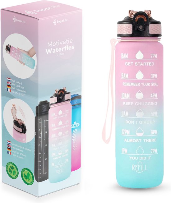 Supplife Trinkflasche – 1 Liter – mit Strohhalm – Motivation – Sporttrinkflasche – BPA-frei – Pink Aqua