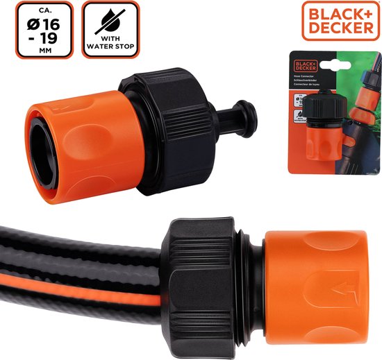 BLACK+DECKER Gartenschlauch Schnellkupplung - mit Wasserstop - 5/8'-3/4' - ⌀16-19 mm - Kunststoff - Schwarz/Orange