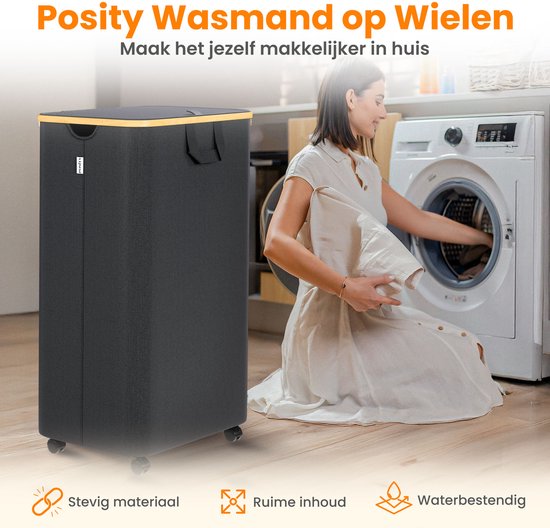 Posity Wäschekorb auf Rädern - 100 Liter - faltbar - Wäschekorb aus Stoff - Wäschekorb - mit Deckel & Griffen - Bambus - inkl. Wäschesack - Schwarz