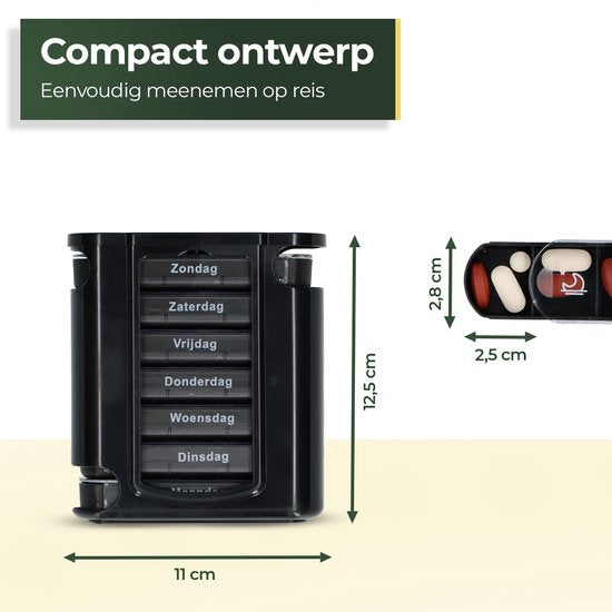 Gandria Pillendose 7 Tage - Herausnehmbare Pillendose - Stapelbare Medikamentenbox mit 28 Fächern - Medikamentenbox mit stabilem Verschluss - 4 Fächer pro Tag - Schwarz
