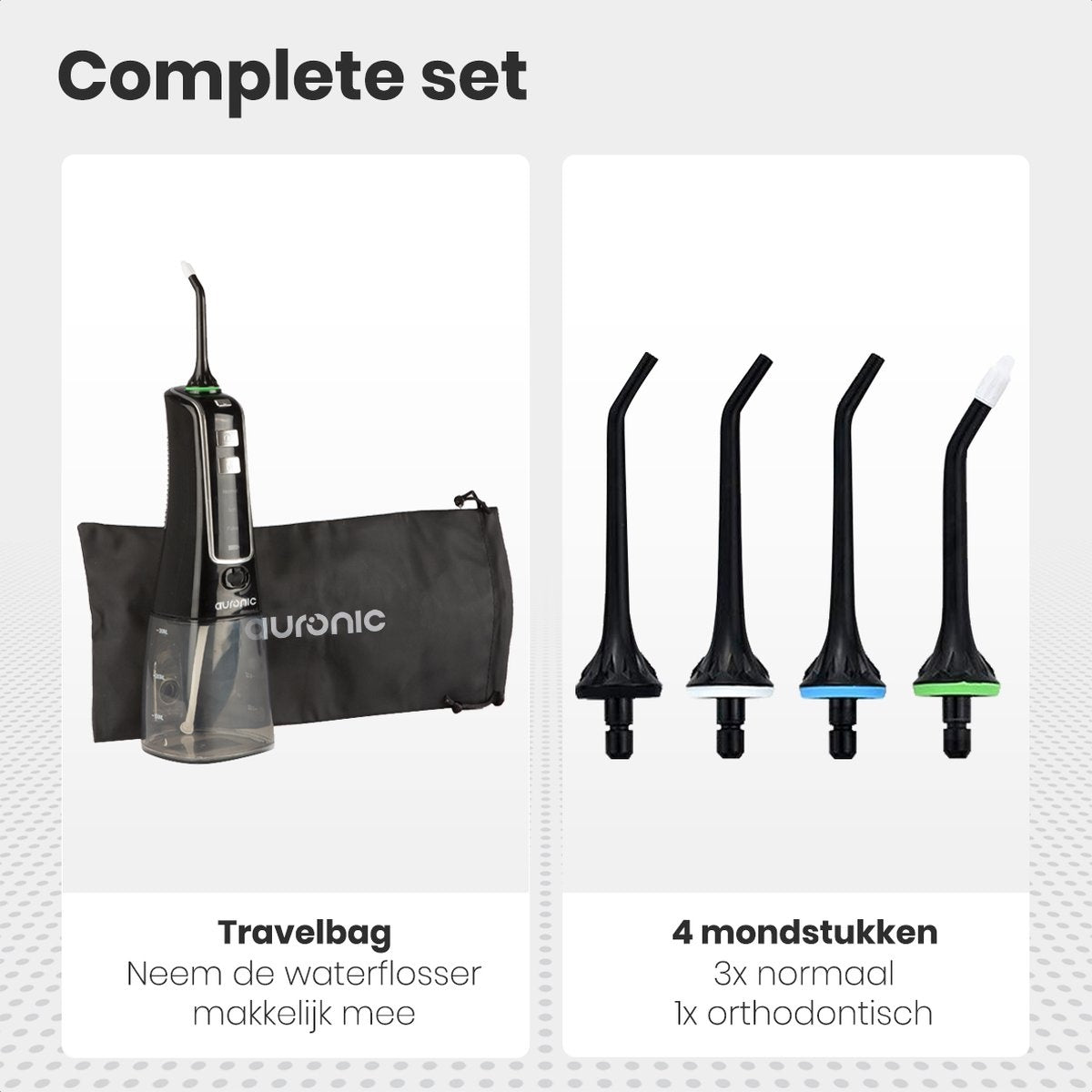 Auronic Water Flosser - Elektrisch - Munddusche Zahnzwischenräume - 3 Stufen - 4 Düsen - 300 ml - Schwarz