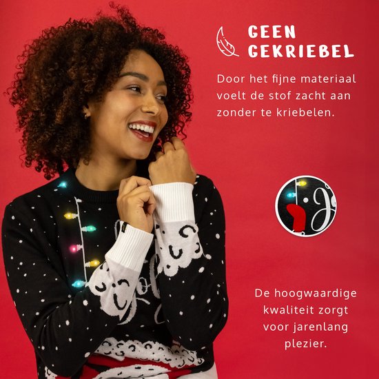 JAP Christmas Weihnachtspullover mit Lichtern (Größe XL) – 100 % recycelt – kratzt nicht – Weihnachtsgeschenk für Erwachsene – Kitschiger Weihnachtspullover für Damen und Herren – Holly Jolly – Schwarz