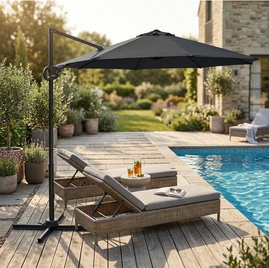 AXI Solea Schwebeparasol Ø 300 cm Anthrazit/Grau inkl. Schutzhülle – Pulverbeschichtetes Gestell mit Kreuzfuß – Um 360° drehbar – UV-beständiges Tuch