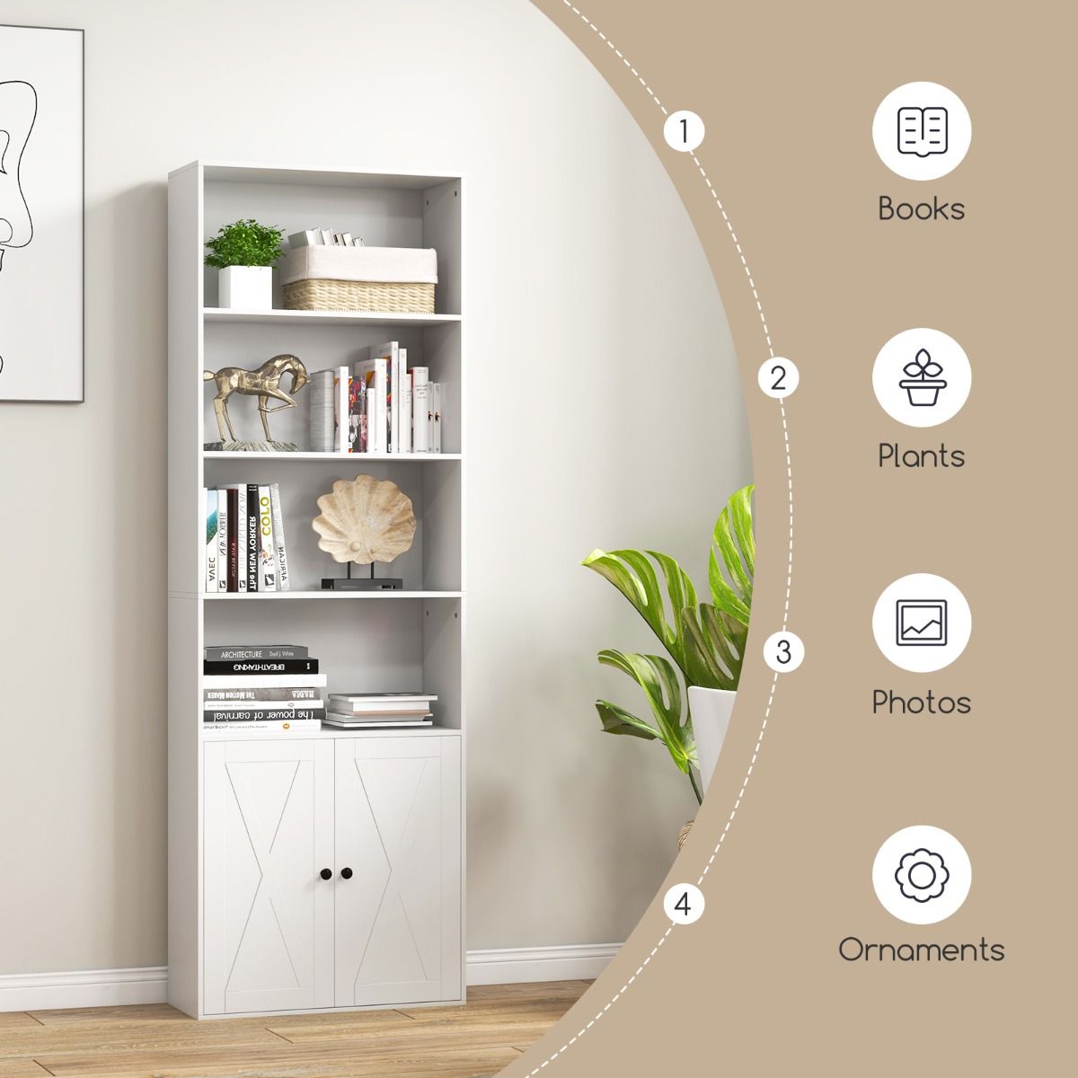 Coast Freistehendes Bücherregal - 6 Fachböden - 2 Türen - 60 x 24 x 180 cm - Weiß