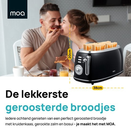 MOA Retro Toaster XL - 6 Heizstufen - 4 Sandwiches gleichzeitig - 1500W - Aufwärm- und Auftaufunktion - Schwarz