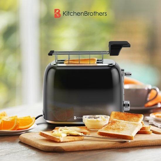 KitchenBrothers Toaster - Mit Toasty Clamps - 6 Heizstufen - Breite Schlitze - 870W - Schwarz