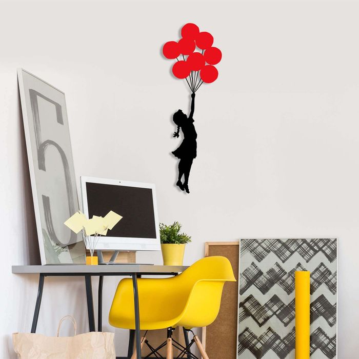 Wallity Wall Banksy - Wanddekoration aus Metall - Mädchen mit Luftballons - Rot/Schwarz - 34cmx1.5mmx100xcm