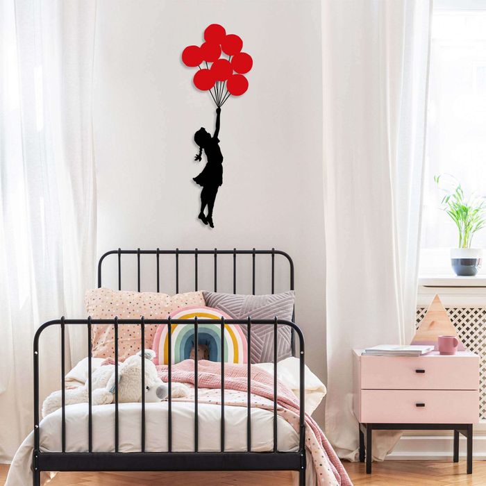 Wallity Wall Banksy - Wanddekoration aus Metall - Mädchen mit Luftballons - Rot/Schwarz - 34cmx1.5mmx100xcm