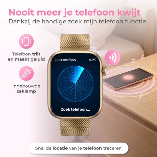 Nuvance Smartwatch für Damen – Schrittzähler-Uhr für Damen – Herzfrequenzmesser – Sportuhr – Kompatibel mit iOS/Android – AMOLED – Inkl. 5 Armbänder – Gold