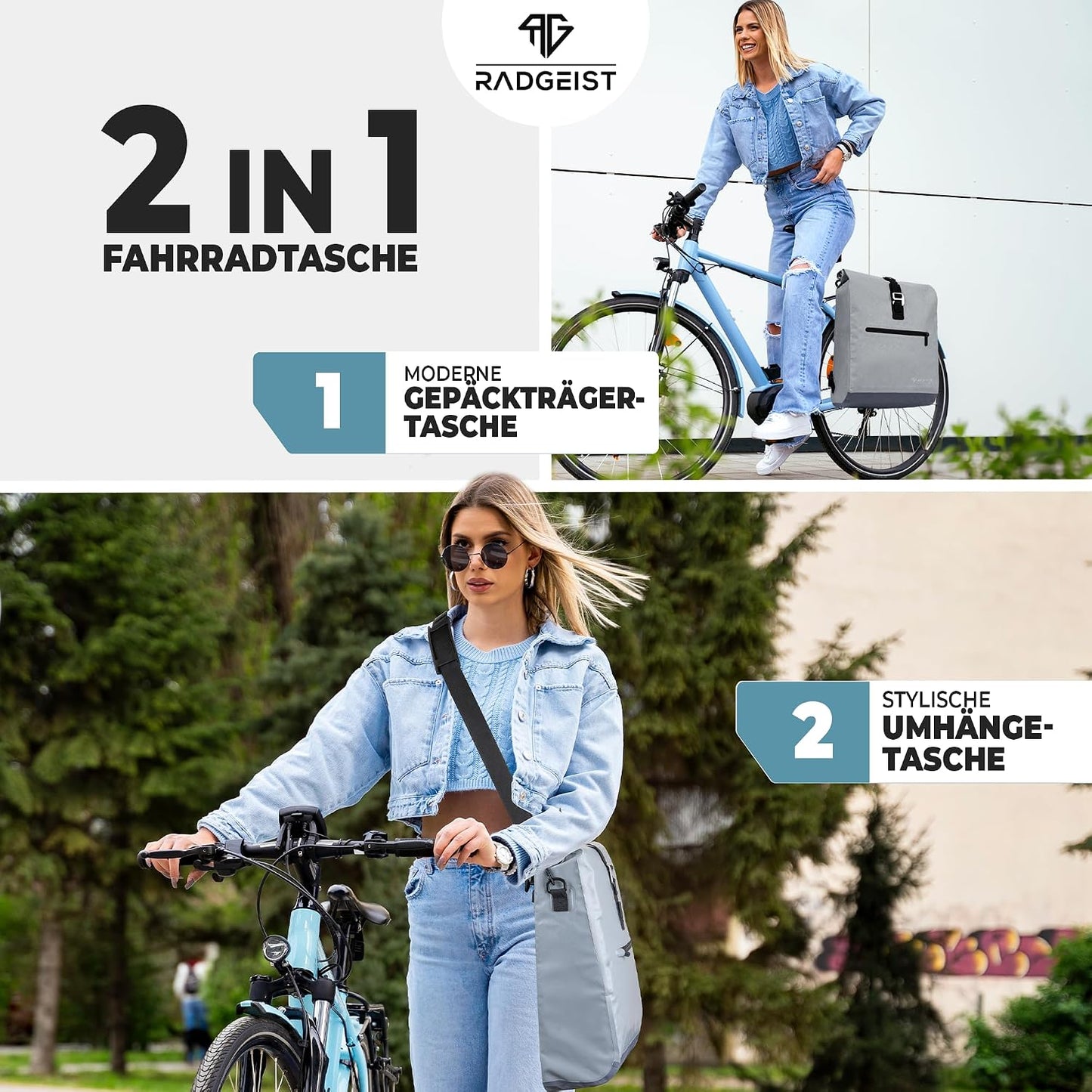 Radgeist Fahrradtasche für Gepäckträger 2-in-1 – Umhängetasche – 100 % wasserdicht – 20 Liter – Grau