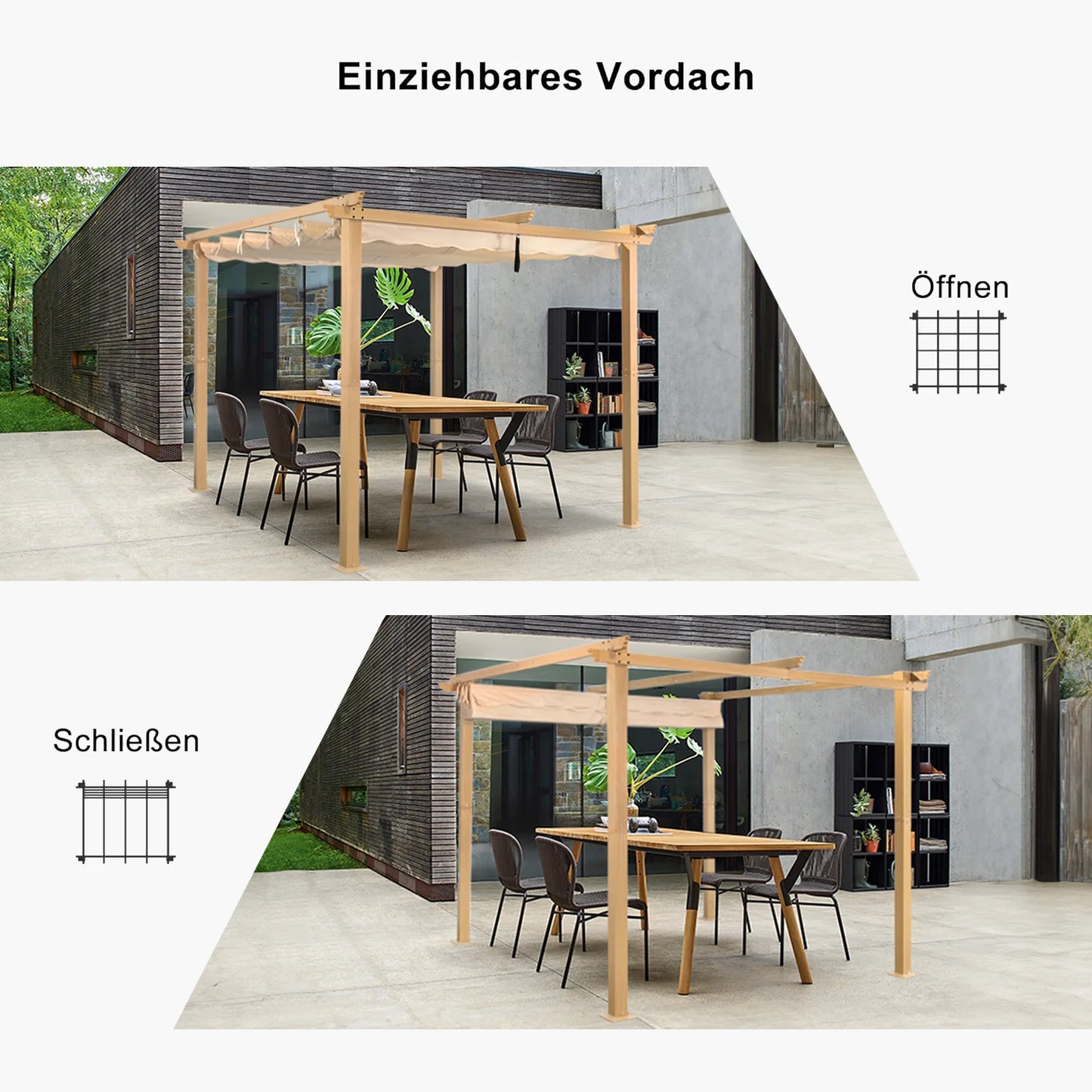 Angel Living Aluminium-Pergola 3×3 m Creme-Gelb – Ausziehbares Dach UV50+, Dachrohre aus Stahl, pulverbeschichtet